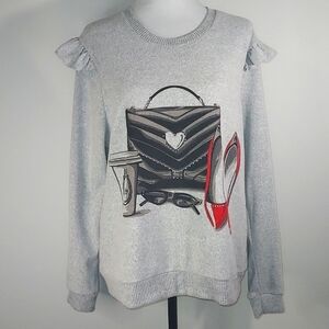 Love + Lace Grey Paris Fashion Rhinestone Details L/S Ruffle Sweater Size XL